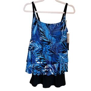 Longitude Size 12 Blue Tropical Palm Tiered 1pc Swimdress Swimsuit w/ Pockets